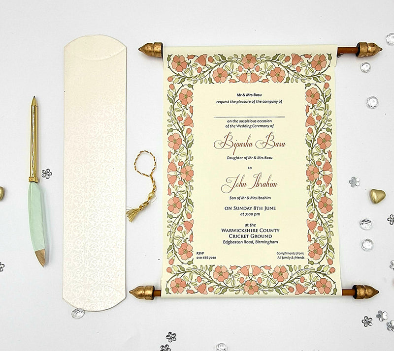 Scroll Gold Floral Wedding Invitation - ABC 1475