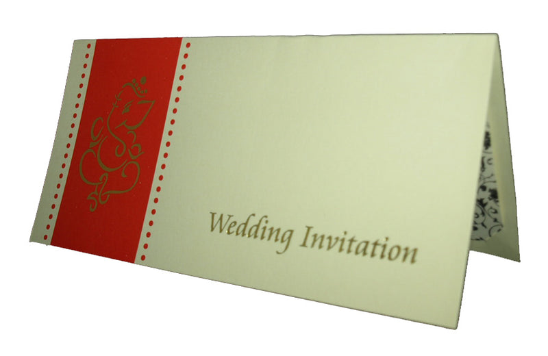 Indian wedding card featuring Ganesh in gold letterpress with red accents shadi cards
