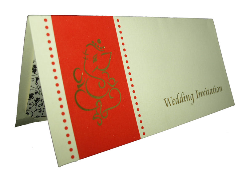 Close-up detail of ABC 127 Hindu Invitation, highlighting the gold letterpressed image of Lord Ganesh, symbolizing blessings and prosperity