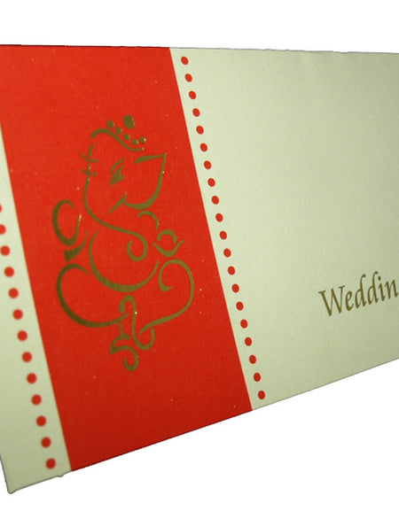 Close-up detail of ABC 127 Hindu Invitation, highlighting the gold letterpressed image of Lord Ganesh, symbolizing blessings and prosperity