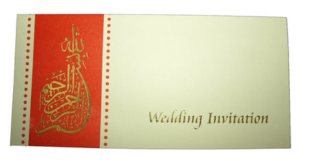 Front view of ABC 127 Landscape Muslim Wedding Invitation, showcasing a red vertical strip and dots on ivory cardstock, with gold foiled Arabic Bismillah calligraphy and 'Wedding Invitation' text