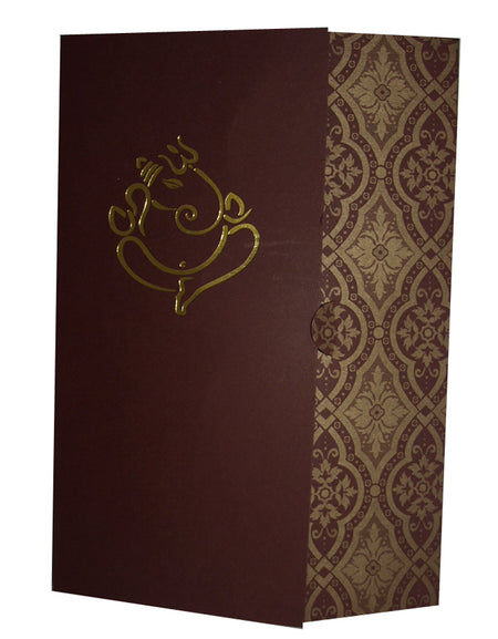 Burgundy Gold Ganesh Hindu Marriage Invitation Card ABC 367