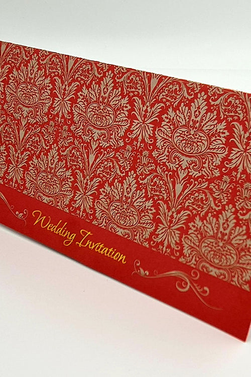 Load image into Gallery viewer, Front view of ABC 443 Traditional Damask Red Wedding Invitation, showcasing a red damask pattern with gold letterpressed &#39;Wedding Invitation&#39; text at the bottom center
