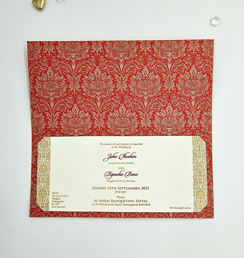 Open view of ABC 443 Invitation, revealing the red damask pattern on the inside and the insert slotting into the four cut corners, perfect for affordable wedding stationery shaadi cards