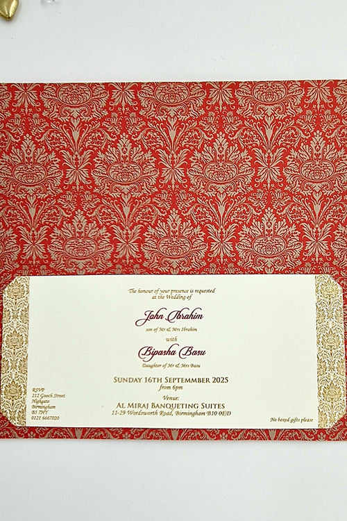 Load image into Gallery viewer, Open view of ABC 443 Invitation, revealing the red damask pattern on the inside and the insert slotting into the four cut corners, perfect for affordable wedding stationery shaadi cards
