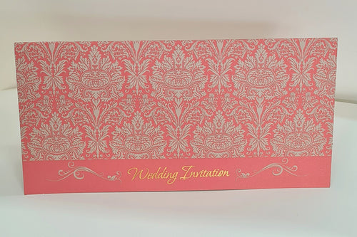Load image into Gallery viewer, ABC 443 Traditional Damask Red Wedding Invitation displayed with its matching envelope, featuring a red damask pattern and gold letterpressed text for a cohesive and elegant stationery set

