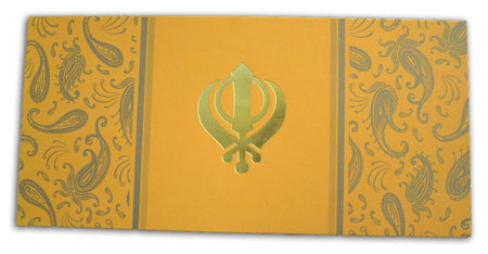ABC 456 old gold paisley saffron Sikh Party Invitation Card