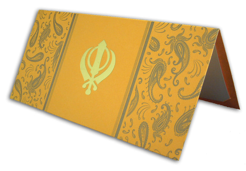 ABC 456 old gold paisley saffron Sikh Party Invitation Card