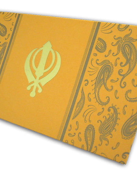 ABC 456 old gold paisley saffron Sikh Party Invitation Card