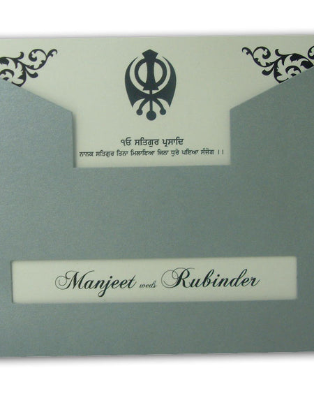 ABC 465 Pearlescent silver designer pocket sleeve sikh invitations