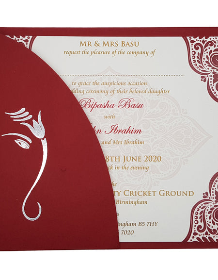 ABC 473 A5 Red Pocketfold Hindu Invitation - Silver Foiled Ganesh Design with Slot-In Inserts