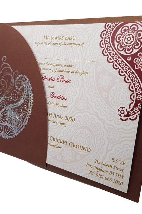 Load image into Gallery viewer, Indian Paisley Chocolate brown Pocket Celebration invitation ABC 510
