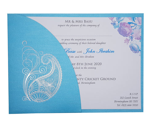 Load image into Gallery viewer, ABC 512 Turquoise and silver paisley pocket invitation
