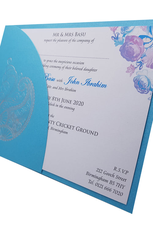 Load image into Gallery viewer, ABC 512 Turquoise and silver paisley pocket invitation
