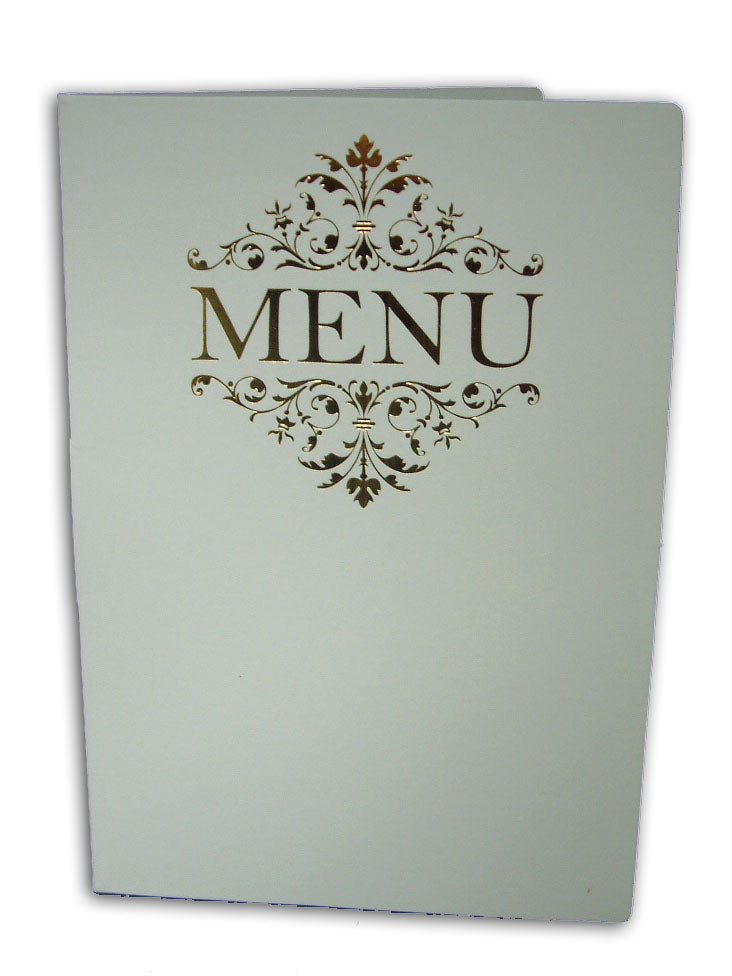 ABC 531 Floral gold letterpressed designed menu on white card