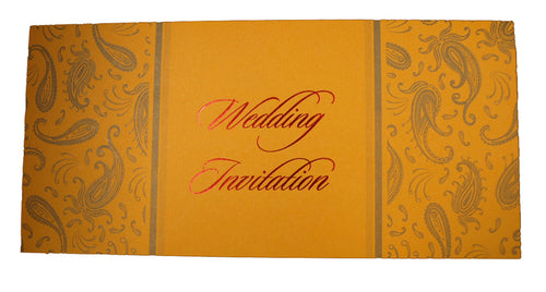 Load image into Gallery viewer, Saffron coloured Old Gold Paisley Design Invite ABC 592
