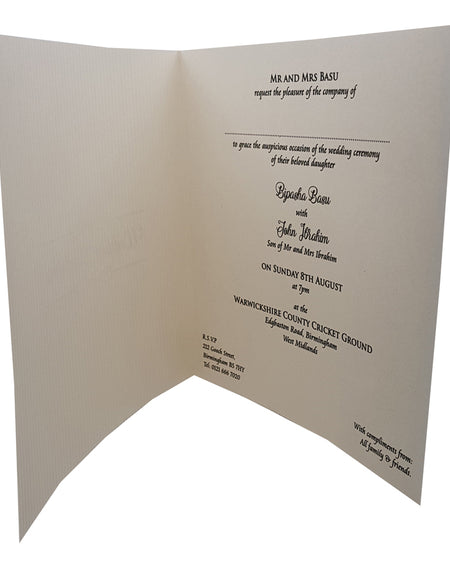 Textured cardstock wedding invitation with sophisticated black foil specialshaadicards