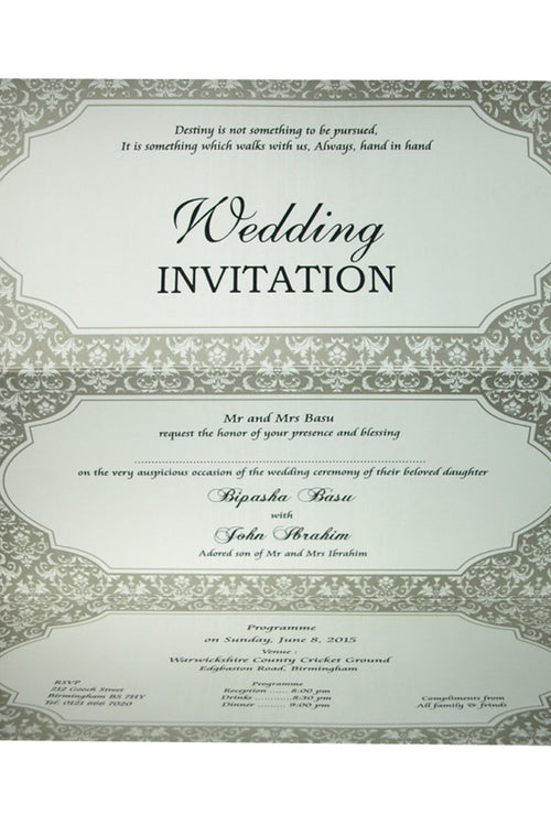 Load image into Gallery viewer, A4 2 fold silver and white damask print personalisable party invite ABC 613
