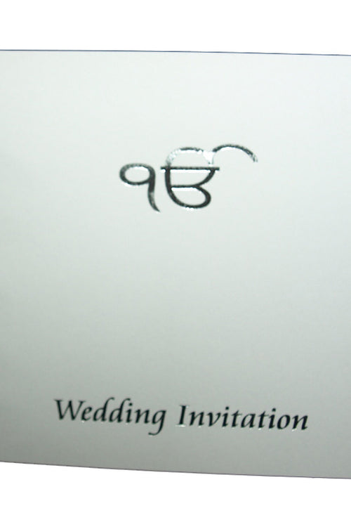 Load image into Gallery viewer, Simple white and silver Ek Onkar Sikh wedding invitation card ABC 651S

