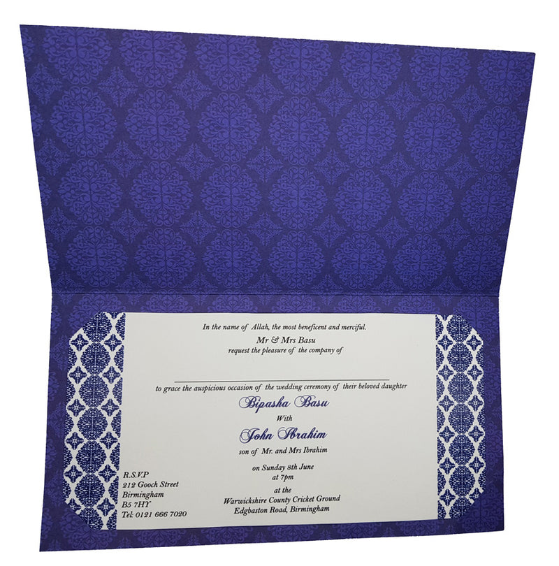ABC 671 Arabesque design pattern Wedding Invitation in Blue and Silver