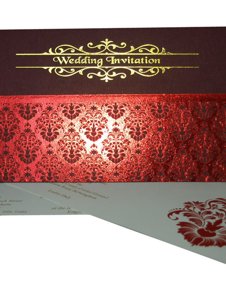 Damask Design letterpress foiled Gold and Burgundy Wedding Invitation ABC 689