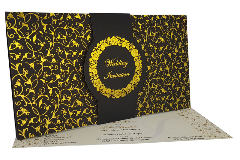 Black and Gold floral Band wedding invitation ABC 705