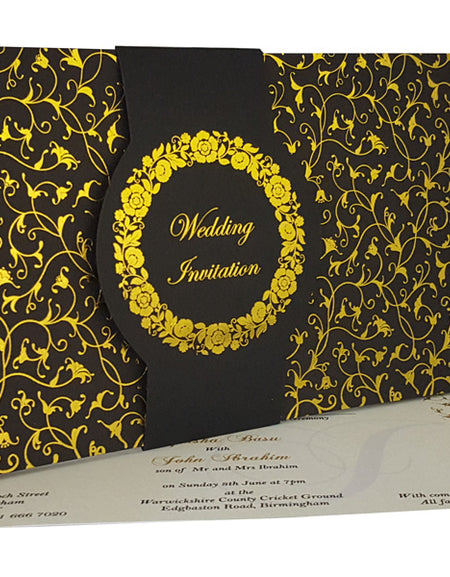 Black and Gold floral Band wedding invitation ABC 705