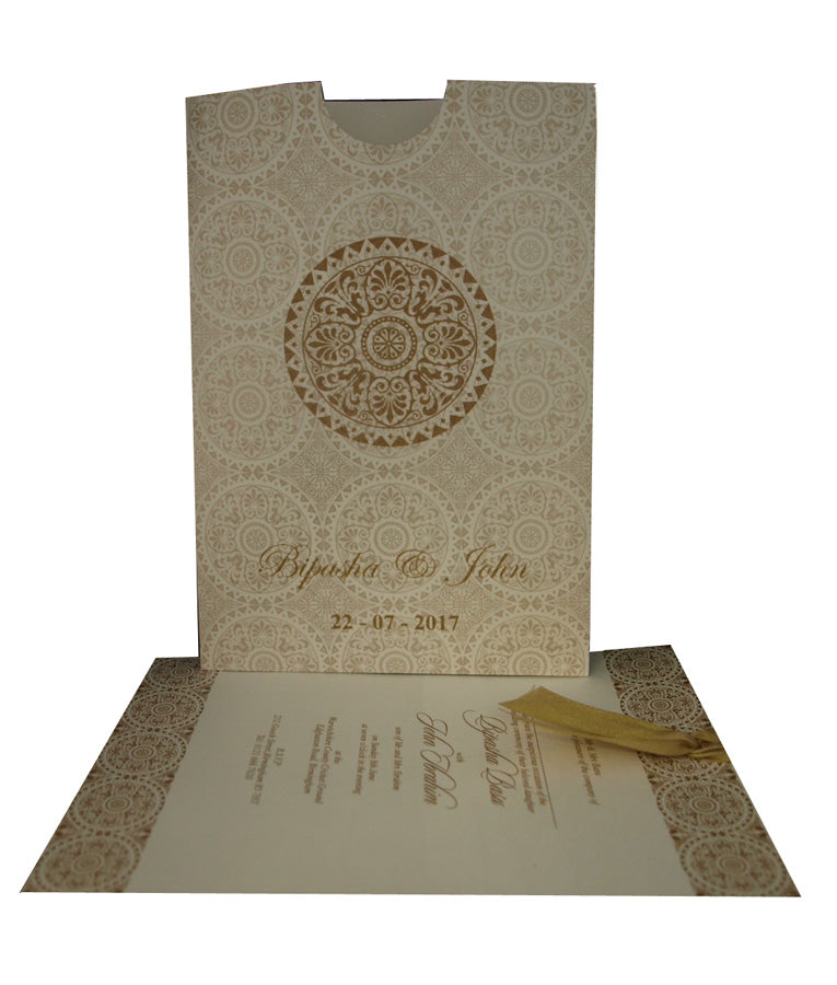 ABC 833 Wedding Invitation - A5 Pocket Invitation with Light Gold Damask Pattern, Customizable Image & Names, Includes Tassel