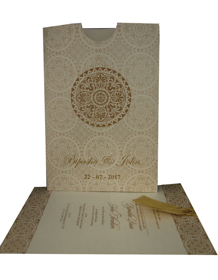 ABC 833 Wedding Invitation - A5 Pocket Invitation with Light Gold Damask Pattern, Customizable Image & Names, Includes Tassel