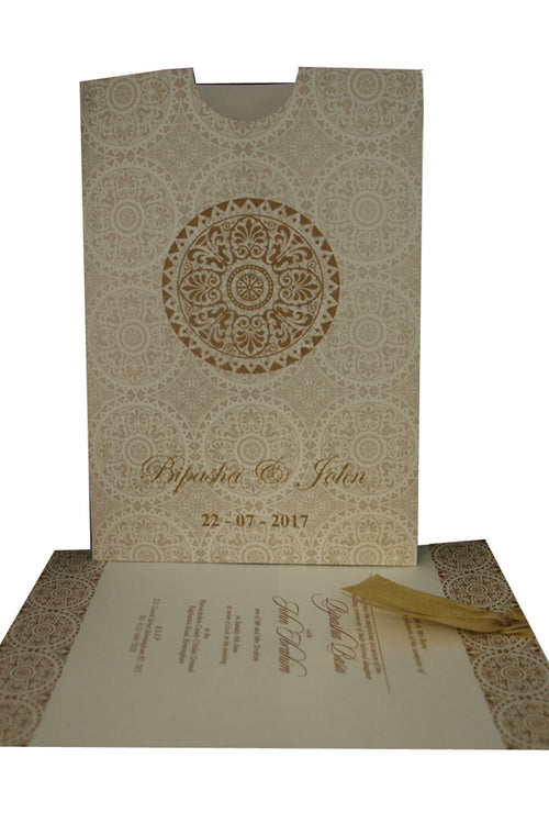 Load image into Gallery viewer, ABC 833 Wedding Invitation - A5 Pocket Invitation with Light Gold Damask Pattern, Customizable Image &amp; Names, Includes Tassel
