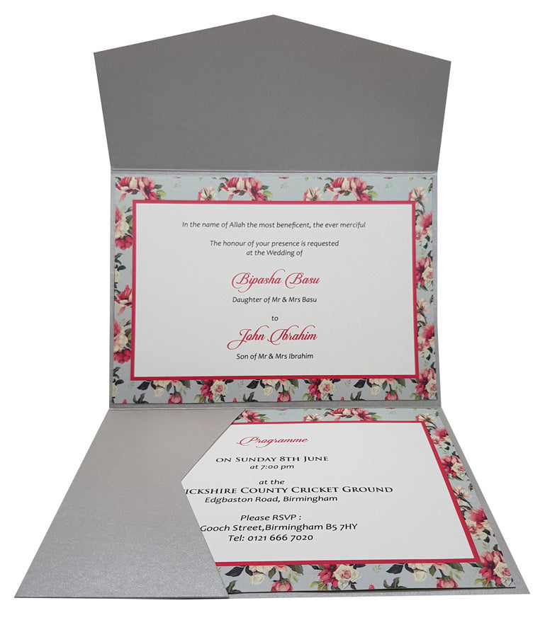 Grey Vintage Floral Pocketfold Invitation ABC 881