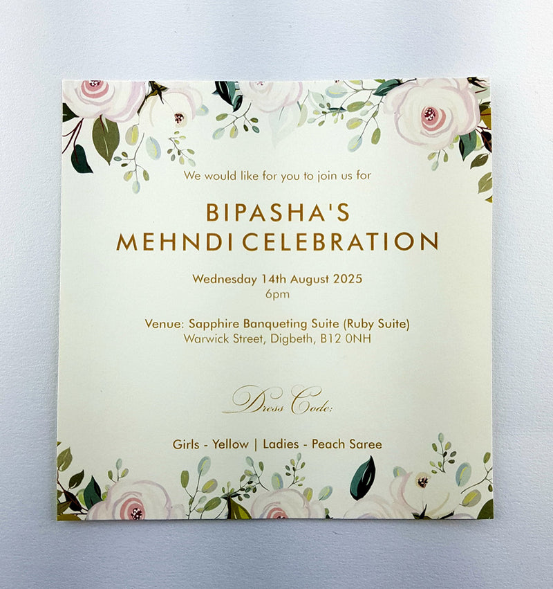 Pretty Botanical Rosebud mehndi card Invitation ABC 970