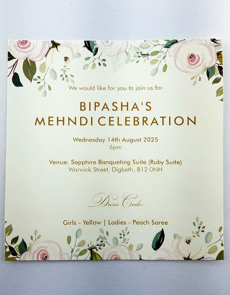 Pretty Botanical Rosebud mehndi card Invitation ABC 970