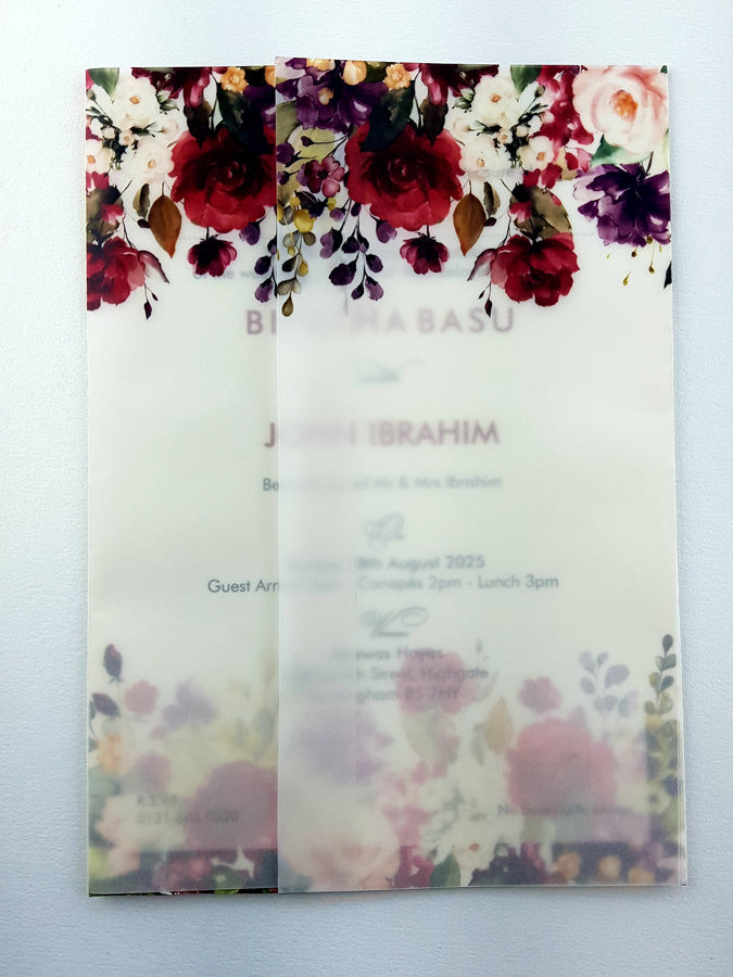 Translucent Maroon Roses Vellum wrap overlay Invitation ABC 973