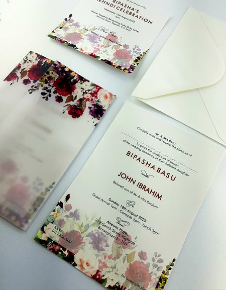 Front view of ABC 973 Translucent Maroon Roses Vellum Jacket Wrap Invitation, showcasing a luxurious maroon rose pattern on a translucent vellum overlay, creating an elegant and romantic design for wedding cards in Birmingham