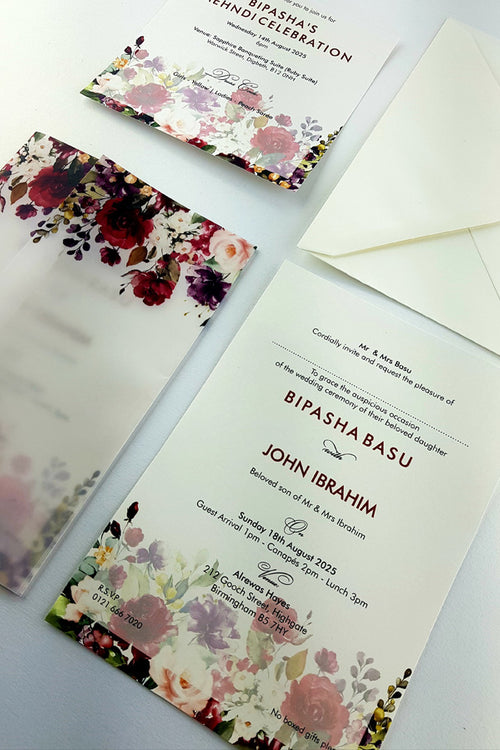 Load image into Gallery viewer, Translucent Maroon Roses Vellum wrap overlay Invitation ABC 973
