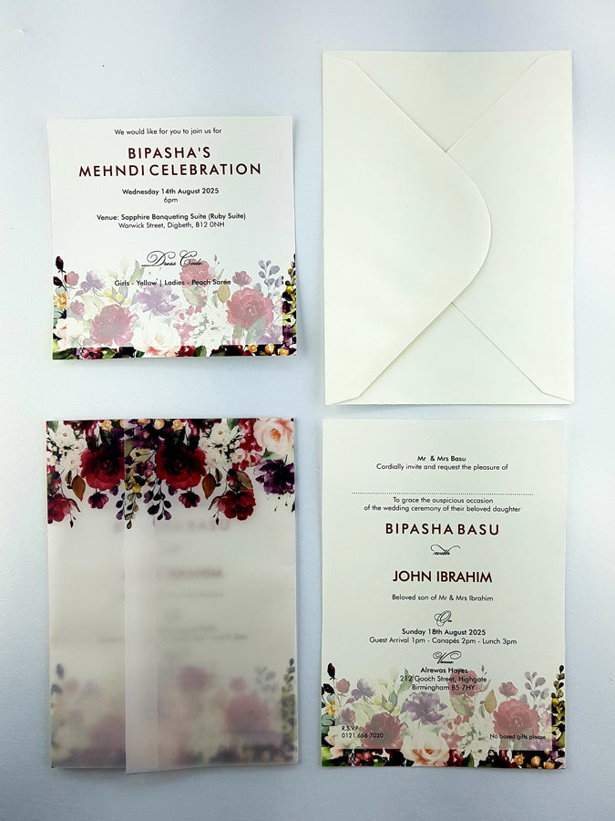 Translucent Maroon Roses Vellum wrap overlay Invitation ABC 973