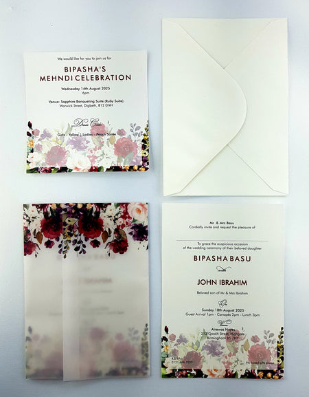 Open view of ABC 973 Invitation, revealing the maroon rose design and event details under the translucent vellum jacket wrap, perfect for weddings and formal events from our wedding card business