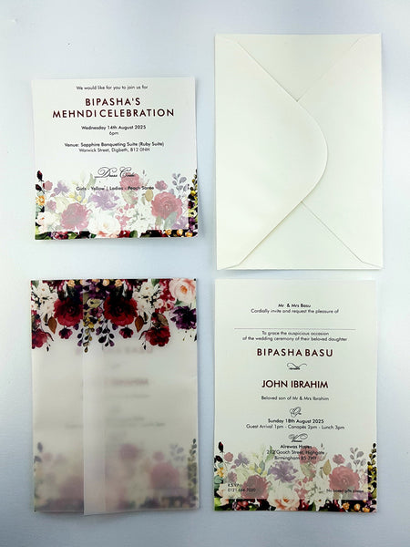 Open view of ABC 973 Invitation, revealing the maroon rose design and event details under the translucent vellum jacket wrap, perfect for weddings and formal events from our wedding card business