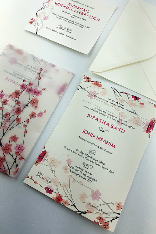 Load image into Gallery viewer, ABC 974 Translucent Cherry Blossom Vellum Invitation
