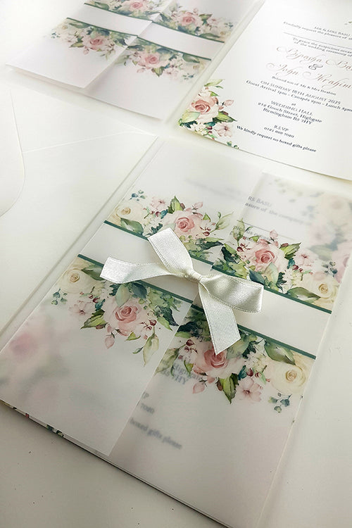 Load image into Gallery viewer, ABC 985 Translucent Floral Vellum Invitation with Satin bow
