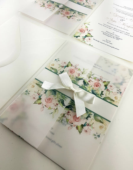ABC 985 Translucent Floral Vellum Invitation with Satin bow