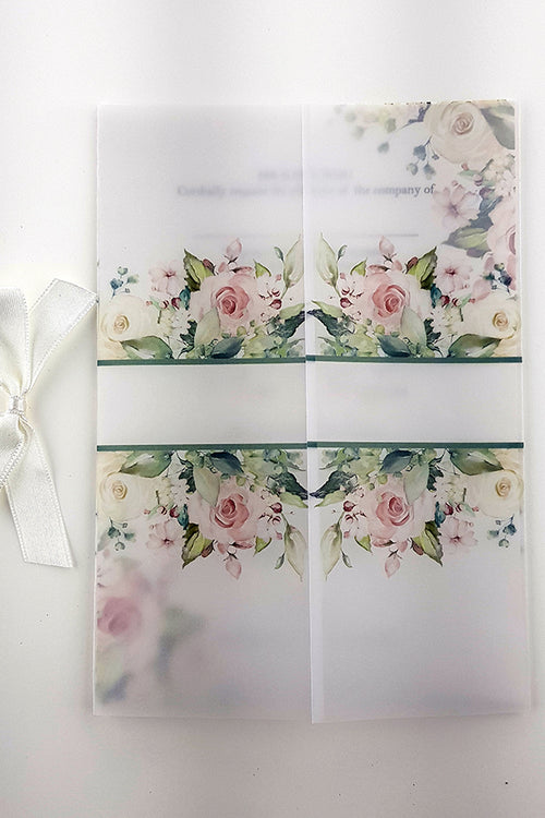 Load image into Gallery viewer, ABC 985 Translucent Floral Vellum Invitation with Satin bow
