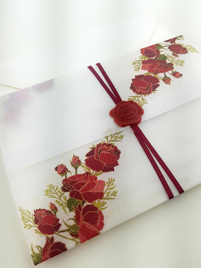 ABC 986 Translucent Floral Vellum Invitation with Red Rose Wax Seal