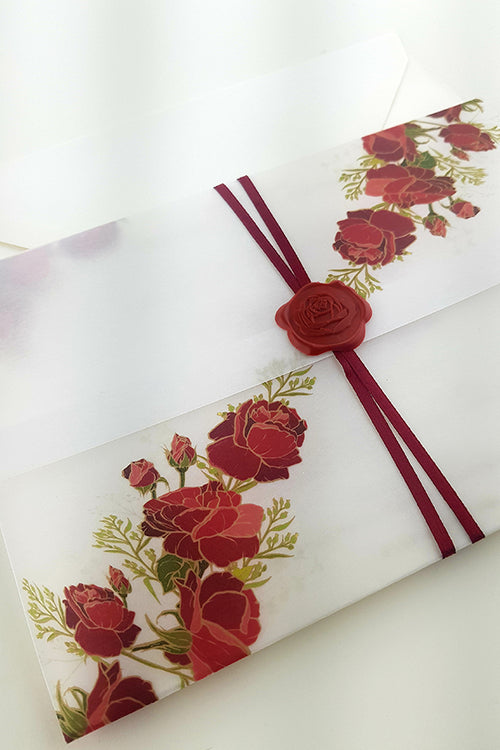 Load image into Gallery viewer, ABC 986 Translucent Floral Vellum Invitation with Red Rose Wax Seal
