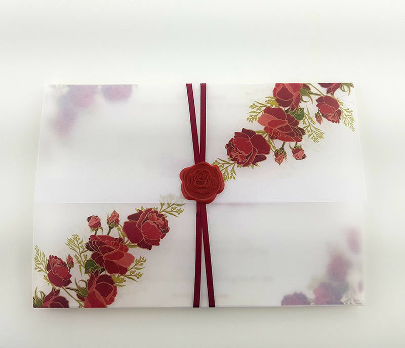 ABC 986 Translucent Floral Vellum Invitation with Red Rose Wax Seal