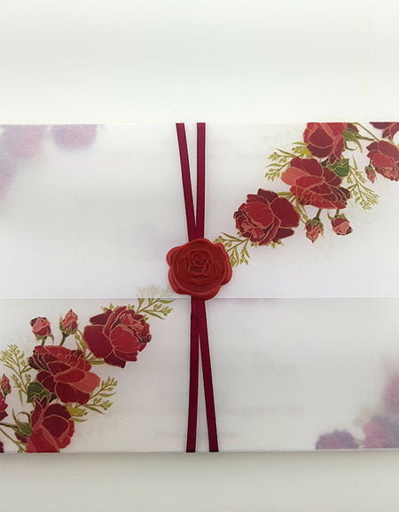 ABC 986 Translucent Floral Vellum Invitation with Red Rose Wax Seal