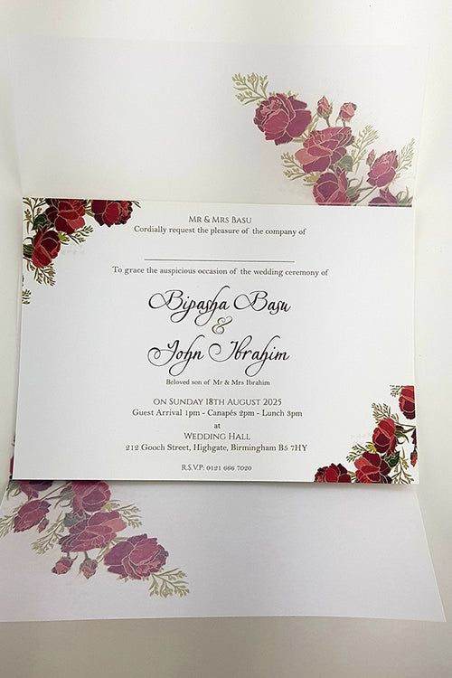 Load image into Gallery viewer, ABC 986 Translucent Floral Vellum Invitation with Red Rose Wax Seal
