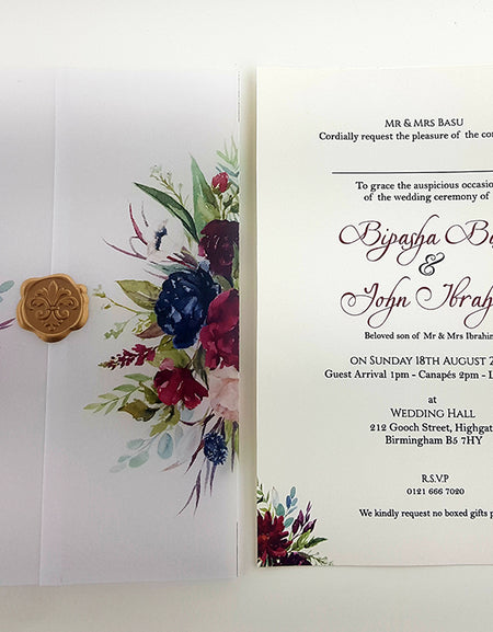 ABC 987 Translucent Floral Vellum Invitation with Gold Wax Seal