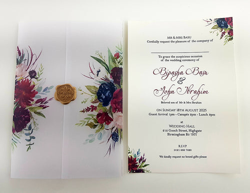 Load image into Gallery viewer, ABC 987 Translucent Floral Vellum Invitation with Gold Wax Seal

